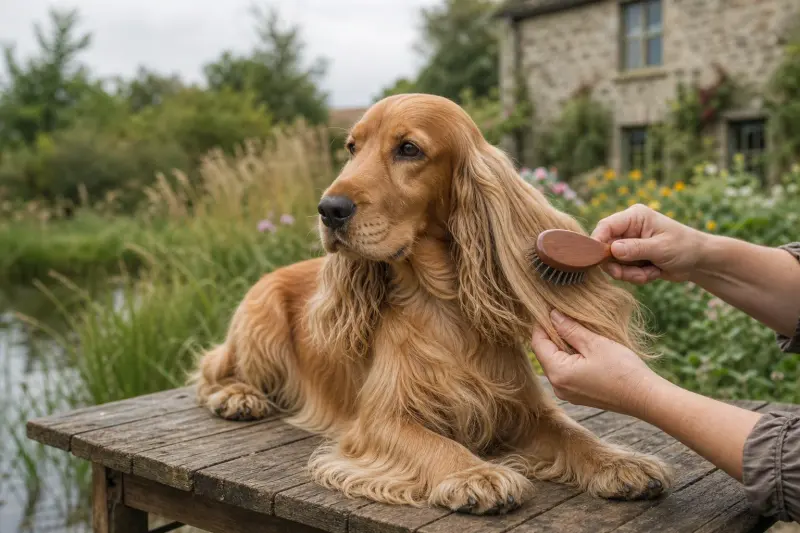 Brossage des franges d’un cocker anglais golden sur la table de toilettage