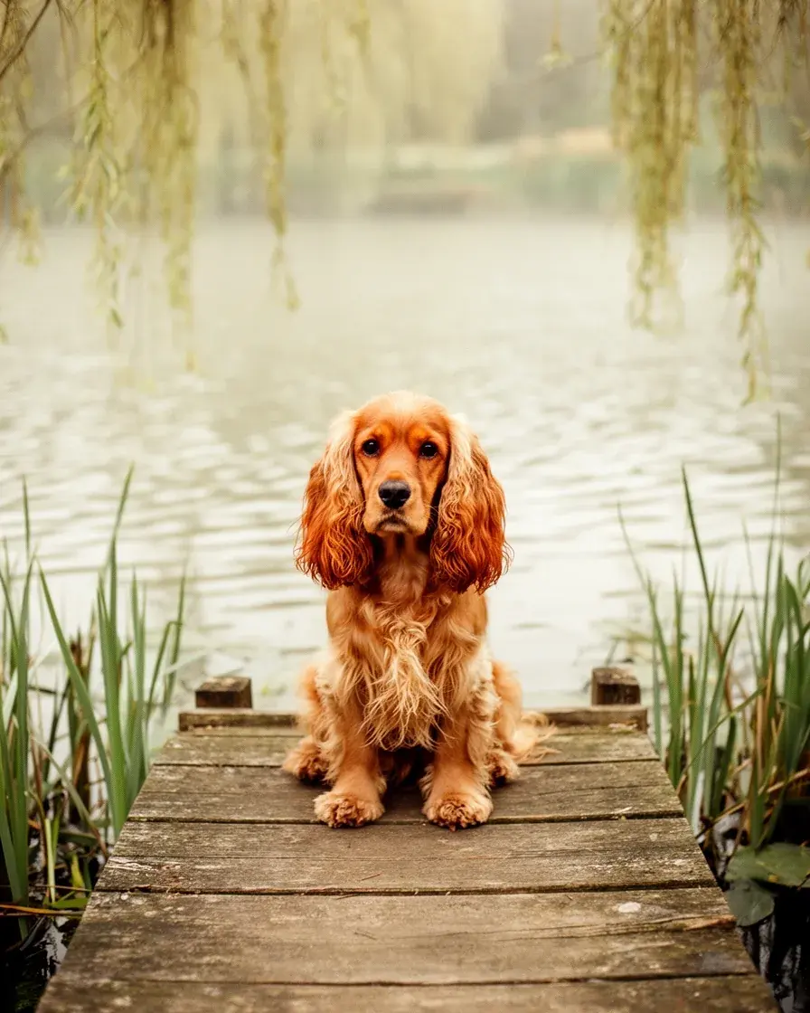 Cocker anglais golden assis au bout du ponton de l’étang aux joncs