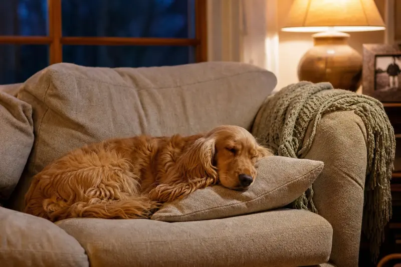 Cocker anglais golden endormi sur le canapé du salon le soir