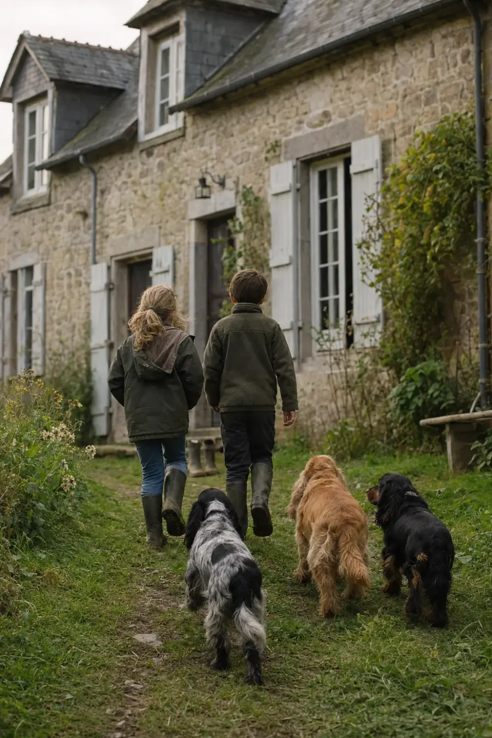 Deux enfants et les trois cockers anglais des Joncs Dores sur le chemin de la longere