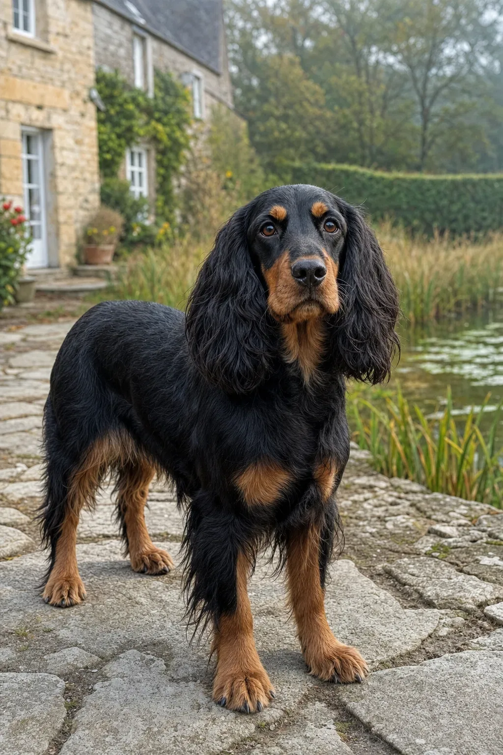 Oscar, cocker anglais noir et feu, en statique sur la terrasse de pierre