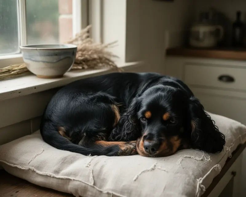 Oscar, cocker anglais noir et feu, endormi sur un coussin de lin près de la fenêtre