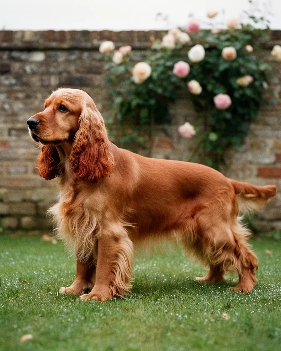 Willow, cocker anglais golden, en statique dans le jardin clos