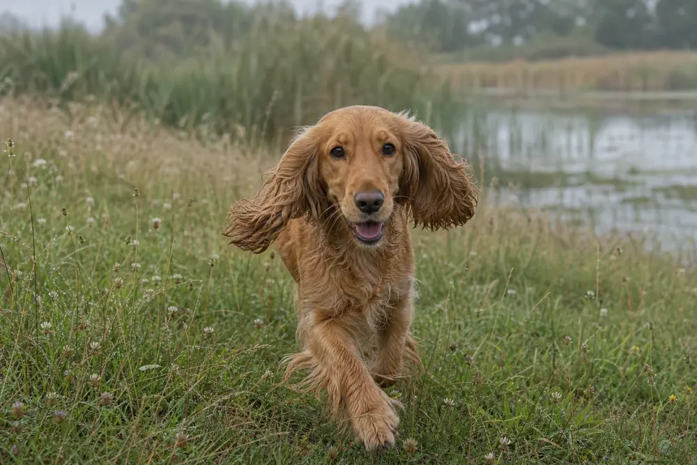 Cocker anglais golden au trot dans les herbes hautes de la prairie